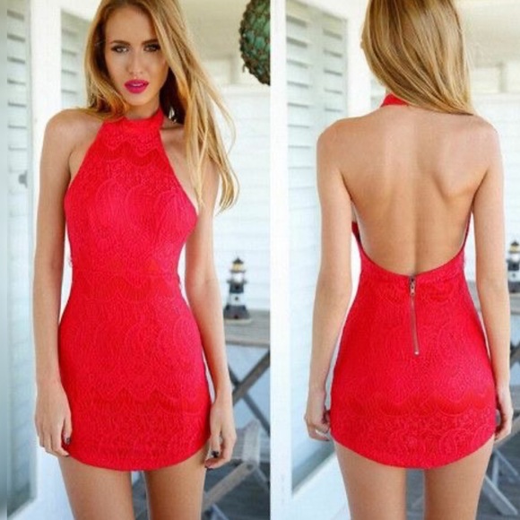 Crimson Backless Paisley Floral Lace Halter Dress - Picture 5 of 8